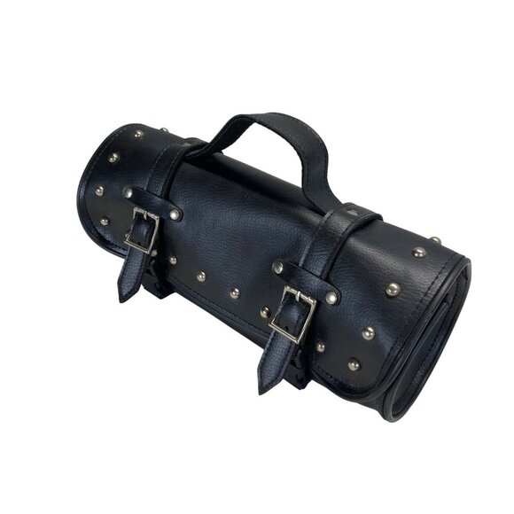 Black Leather Studded Motorcycle Handlebar Tool Bag With Buckle Straps - Picture 3 of 11
